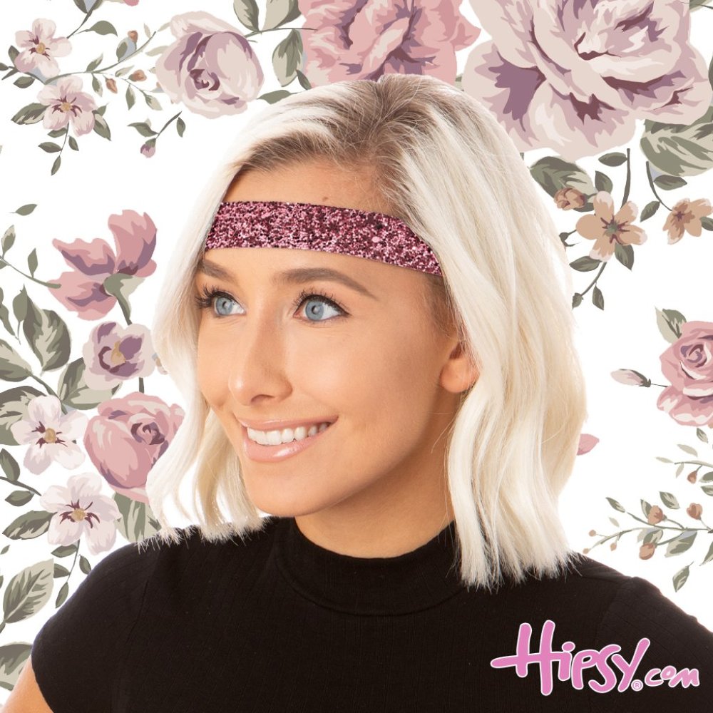 Hipsy Pink Rose Adjustable & No Slip Wide Bling Glitter Hair Headband